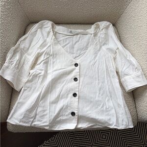 Zara White Button-Front Puff Sleeve Blouse